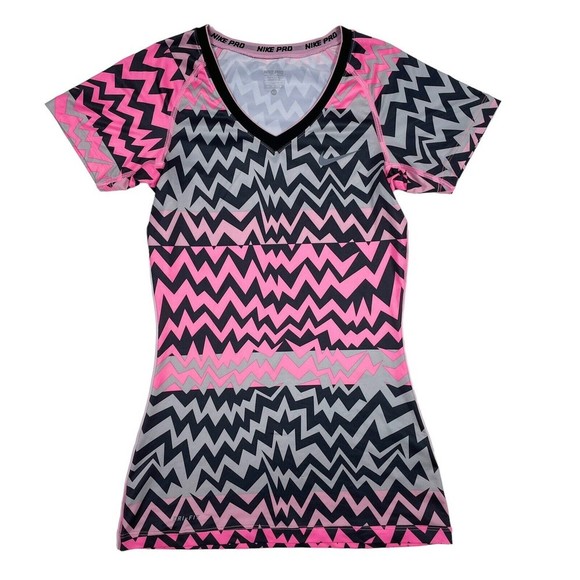 Nike Pro Shirt Womens Size XS Pink Black V Neck Fitted Printed Active 542269-658 - Picture 1 of 11